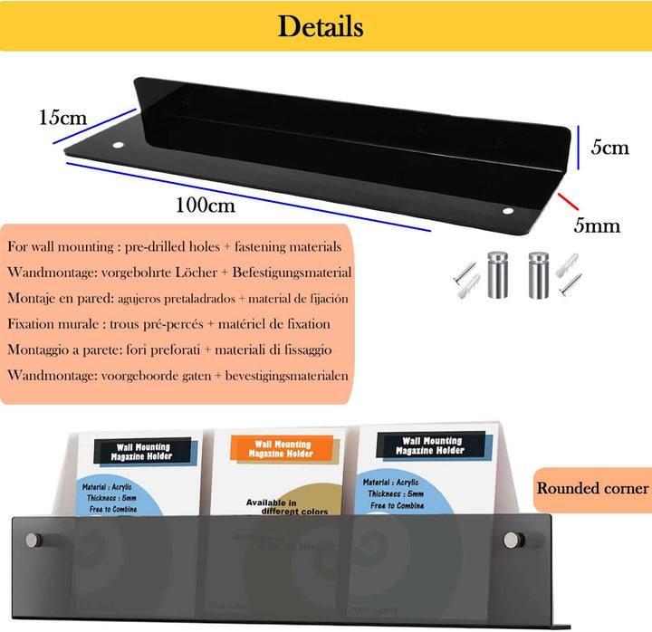 TUKA-i-AKUT 100cm Länge Wand Prospekthalter Acryl Extra Stark, Zeitschriftenhalter Wandregale für Ze