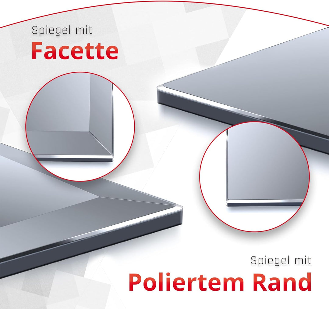bijon Badezimmer-Spiegel ohne Rahmen, Hochglanzpolierte Kanten, Bad-Spiegel mit Befestigungsset, 90°