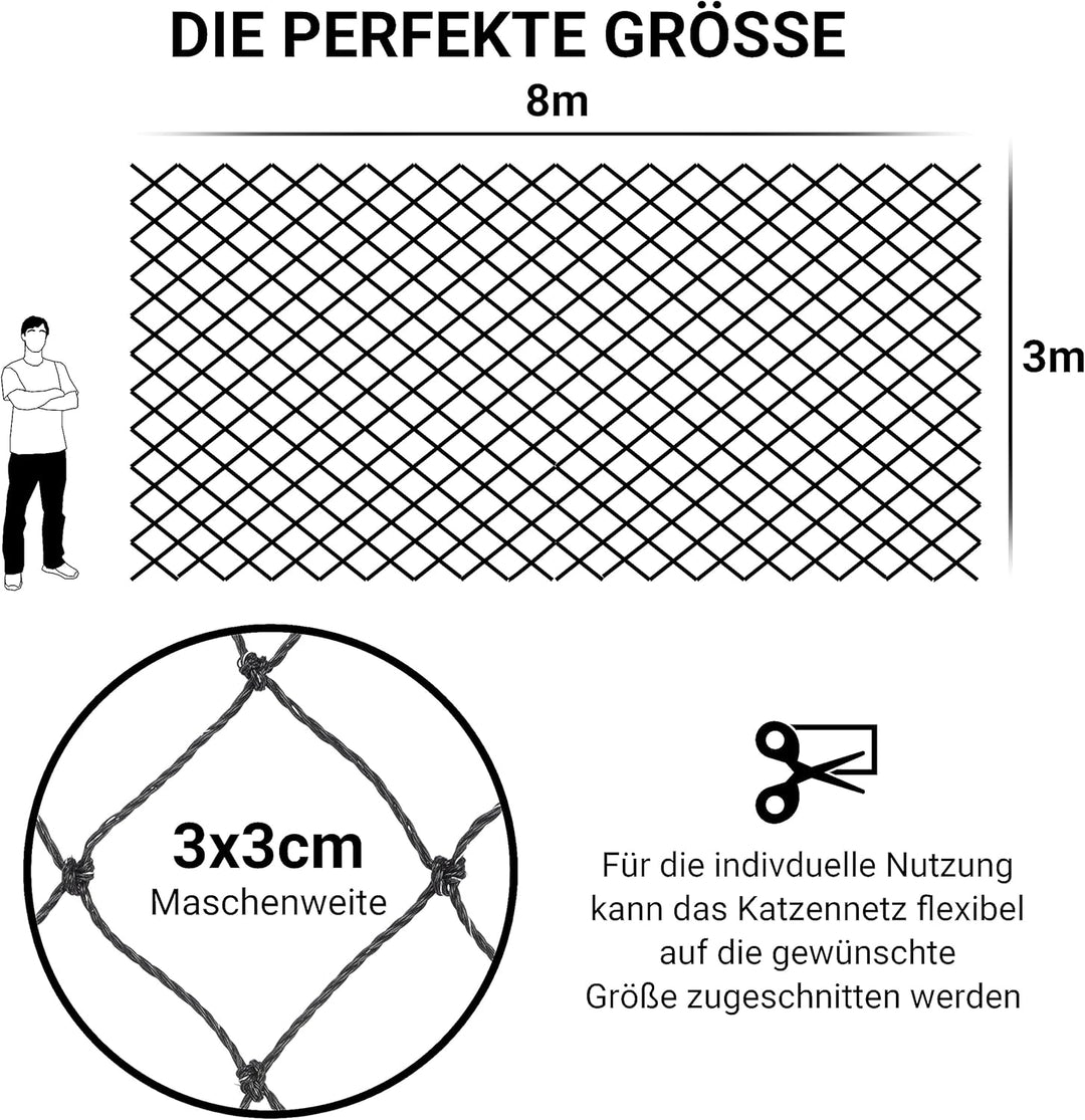 FinoPet Katzennetz für Balkon [Plus Drahtverstärkt] 8x3 Meter mit Katzenbürste und inklusive Befesti