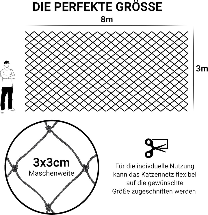 FinoPet Katzennetz für Balkon [Plus Drahtverstärkt] 8x3 Meter mit Katzenbürste und inklusive Befesti