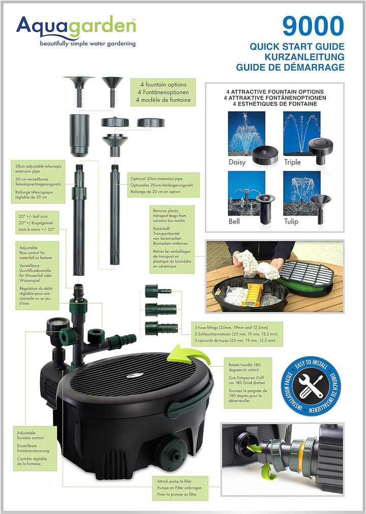 Aquagarden Inpond 9000, Teich- und Wasserpumpe, Filter, UV-Klärer, LED-Strahler und Springbrunnen, K