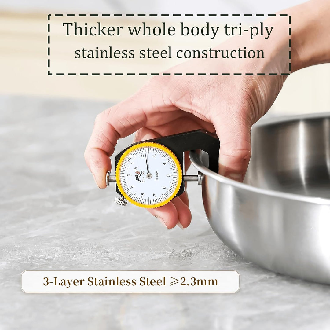 Dreilagige Edelstahl Bratpfanne mit Deckel 22cm,Edelstahlpfanne Unbeschichtet,Induktions Pfanne,Hoch