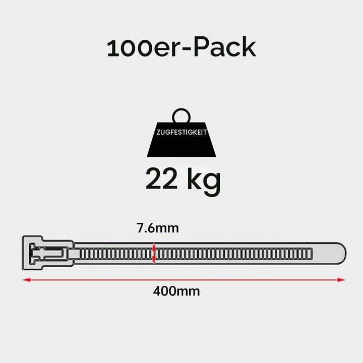 Oksdown Kabelbinder wiederverschliessbar Schwarz 400 mm × 7,6 mm 100 Stück UV-Beständig Stark Gross