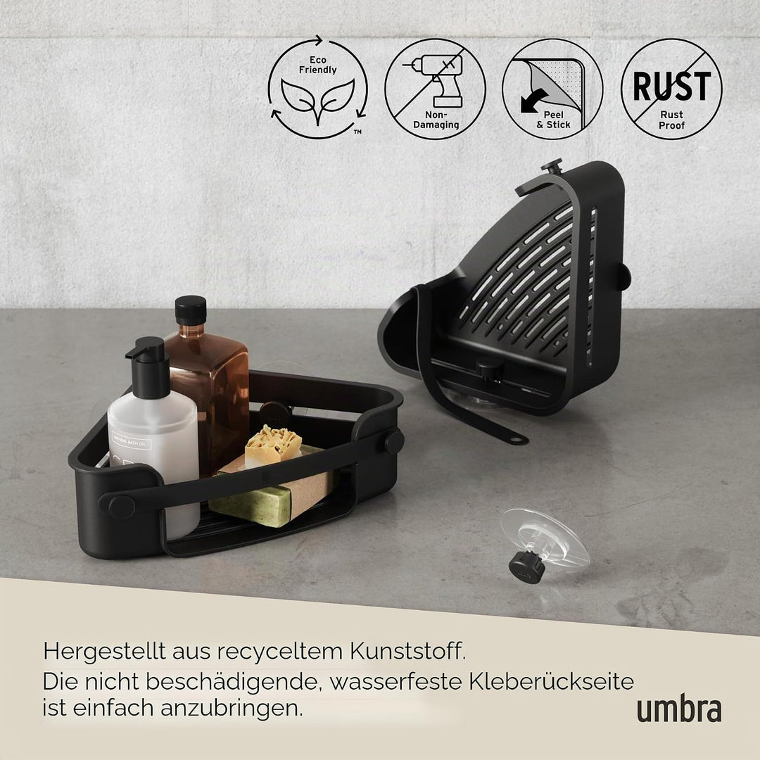 Umbra Flex Duschablage zum Kleben, ohne Bohren, Schwarz | Wasserfester Klebestreifen, integrierter A