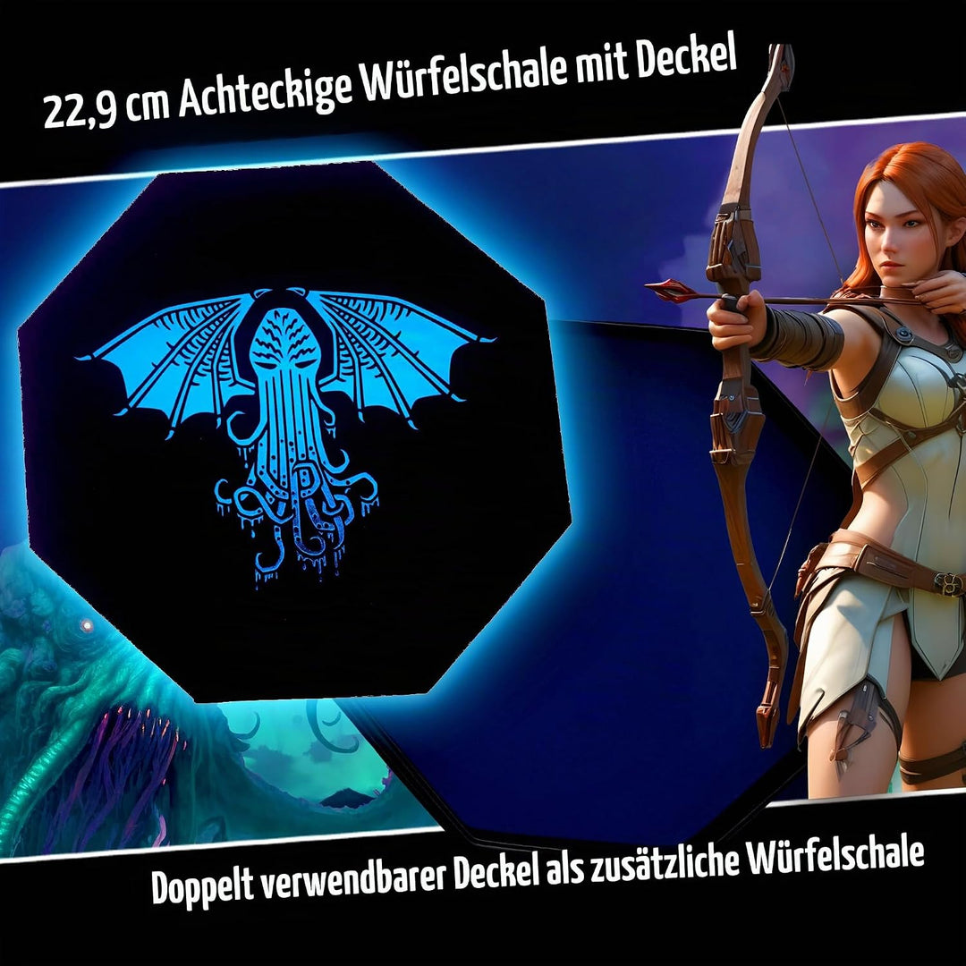 Fantasydice - Thulhu Tome Blue - Würfeltablett - 20,3 cm achteckig mit Deckel und Würfelfel-Bereich