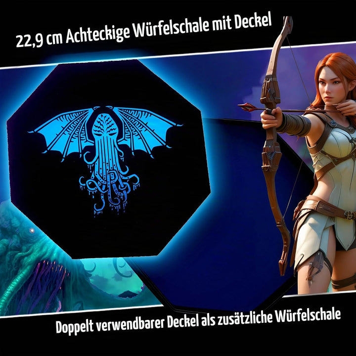 Fantasydice - Thulhu Tome Blue - Würfeltablett - 20,3 cm achteckig mit Deckel und Würfelfel-Bereich