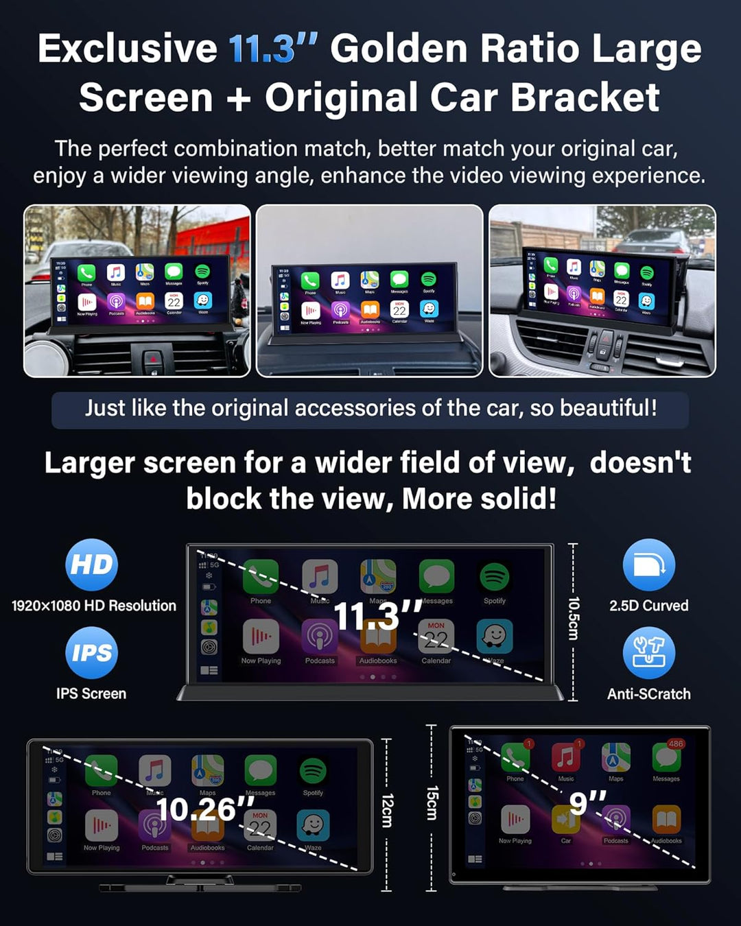 11,3 Zoll Carplay Android Auto Display mit Stehende Halterung, 350° Drehbare 4K Dashcam Buddy Displa