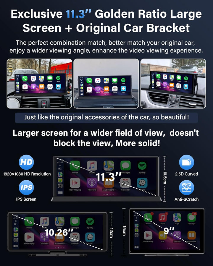 11,3 Zoll Carplay Android Auto Display mit Stehende Halterung, 350° Drehbare 4K Dashcam Buddy Displa