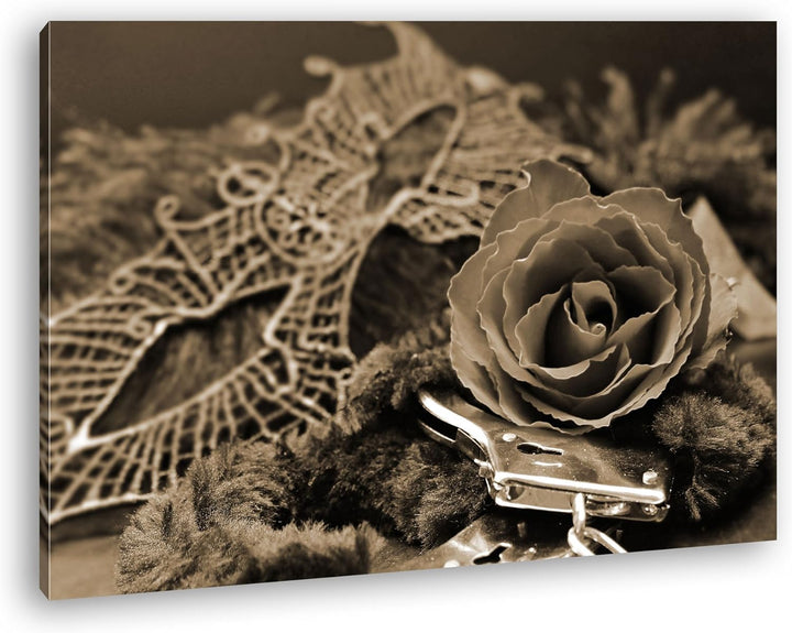 deyoli Handschellen Maske und eine Rose Format: 80x60 Effekt: Sepia als Leinwand, Motiv fertig gerah
