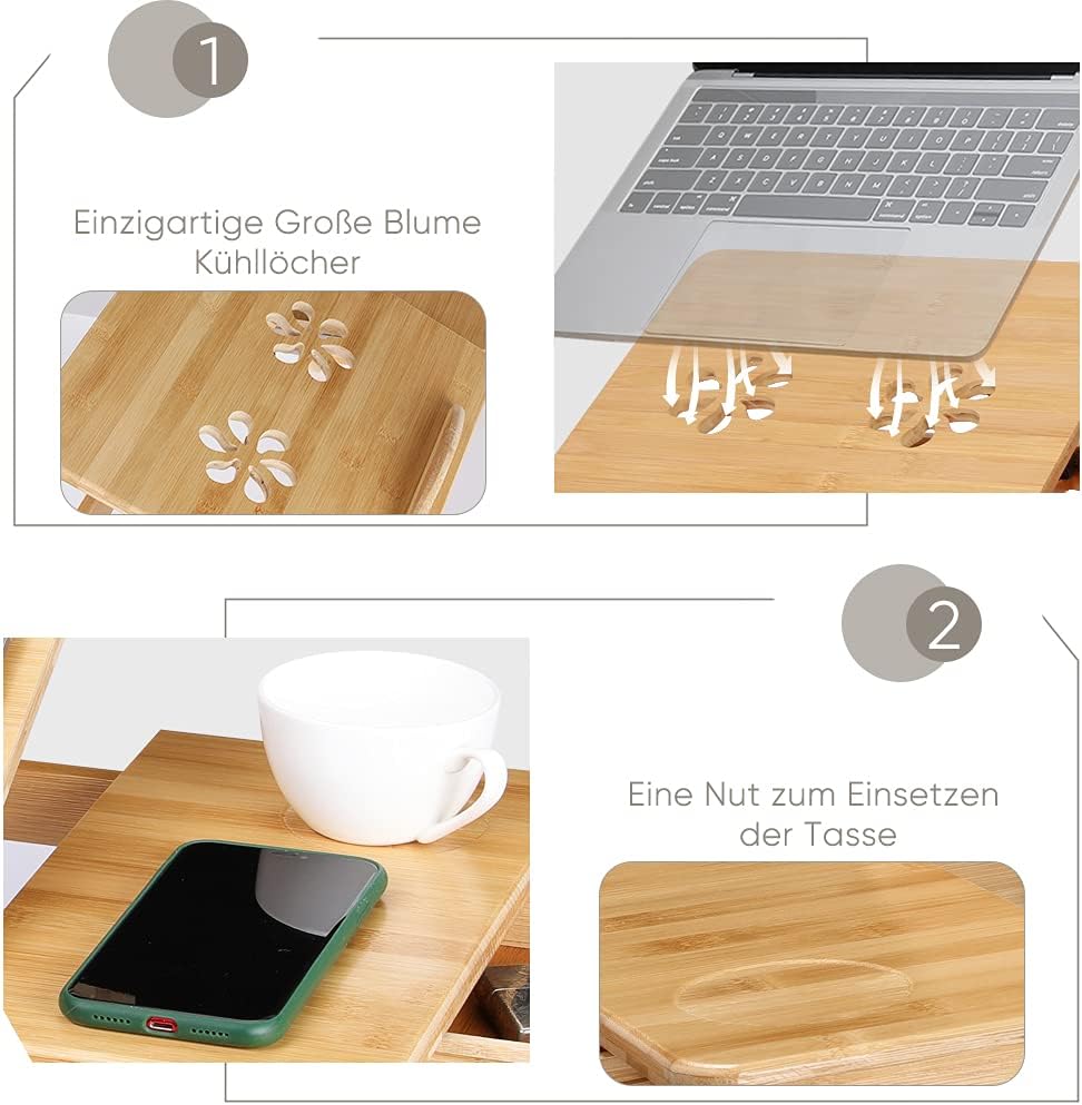 Ausla Laptoptisch Aus Bambus, Notebooktisch Mit Schublade, Klappbarer Frühstückstablett, Höhenverste