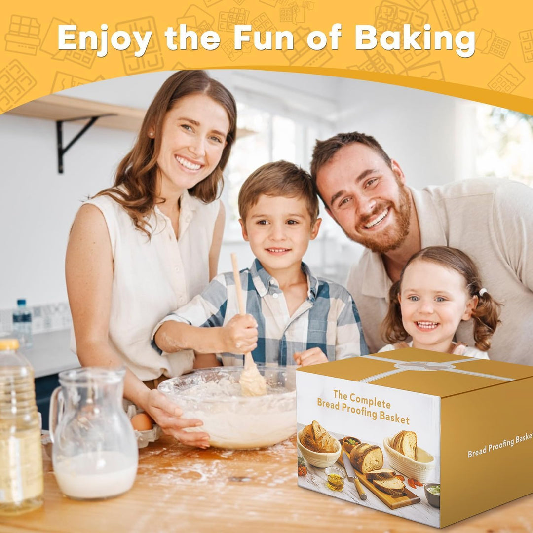 Gärkörbchen Rund & Oval - Brot Backen Set mit Bäckermesser, Pinsel, Leinen, Teigschneider - 100% nat