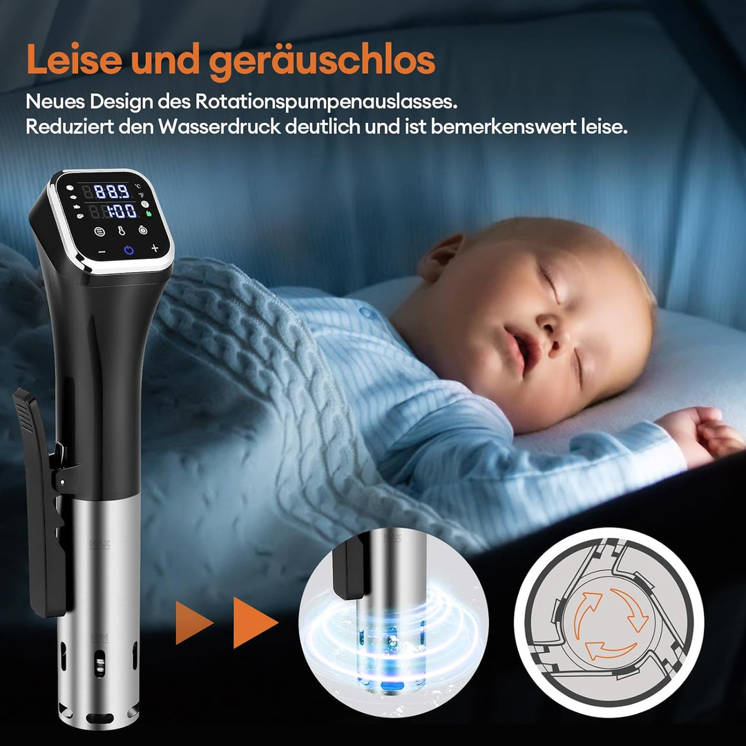Obecilc 1100W Smart Sous-Vide-Garer mit WLAN-App, Umwälzthermostat ±0,1°C, 4D-Heizsystem, Temperatur