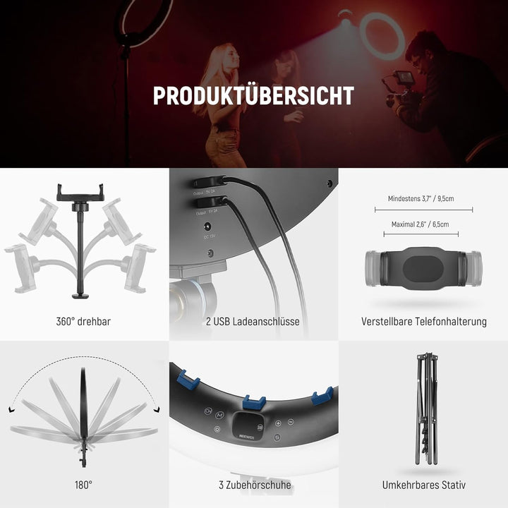 NEEWER 19" RGB Ringlicht LED Ring Light mit Ständer 3 Telefonhalterungen Touchpanel 2,4G/App Steueru