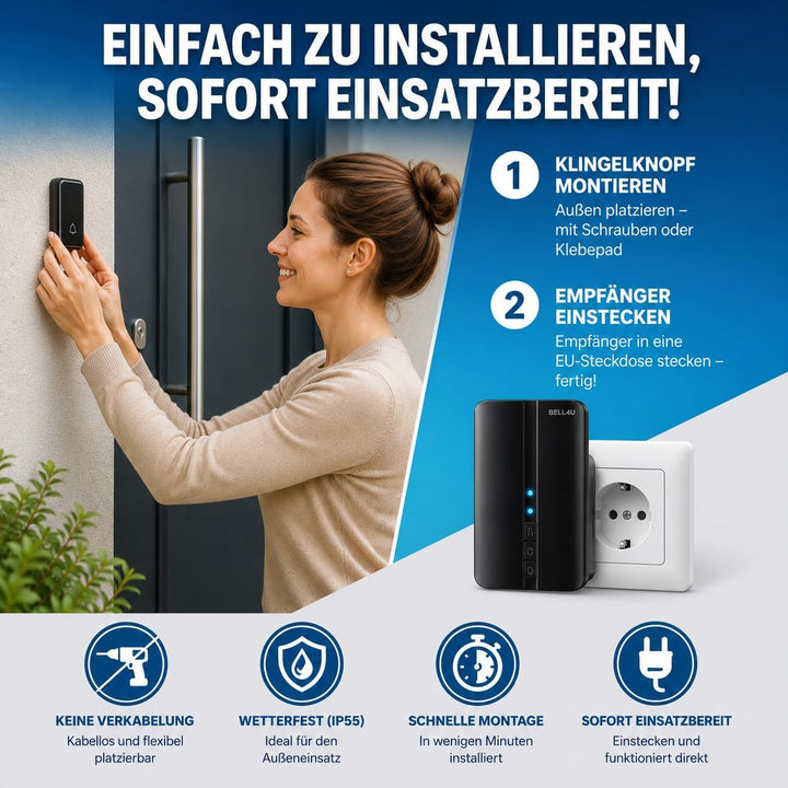 Funkklingel Set, batterielos, 1 Sender, 3 Empfänger | Keine Batterien erforderlich, 200 m Reichweite