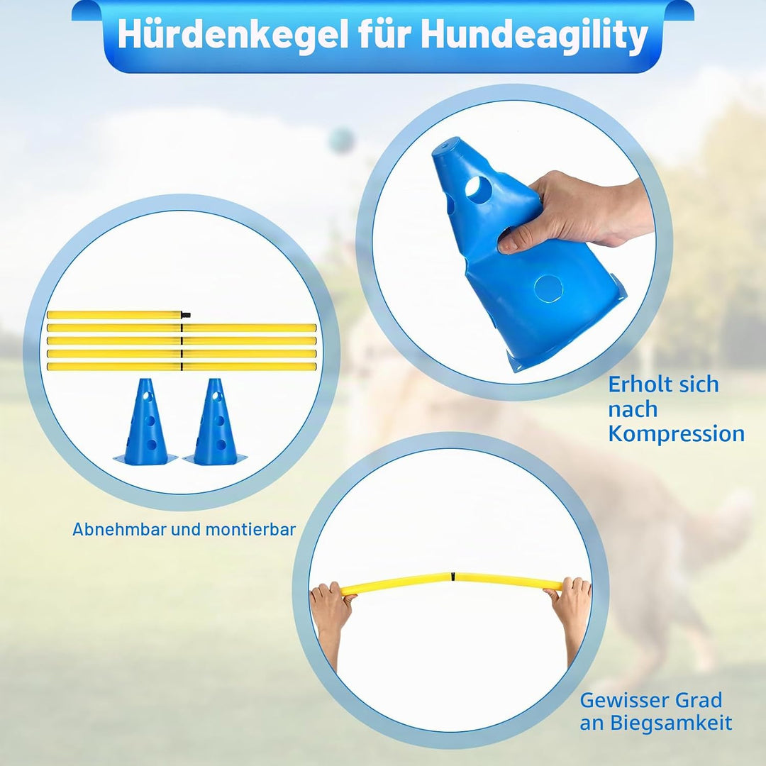 Agility Set Hunde Hürden Steckhürdenset,8 Kegel (24cm)+4 Stangen (81cm) ,Einstellbare Trainingshürde