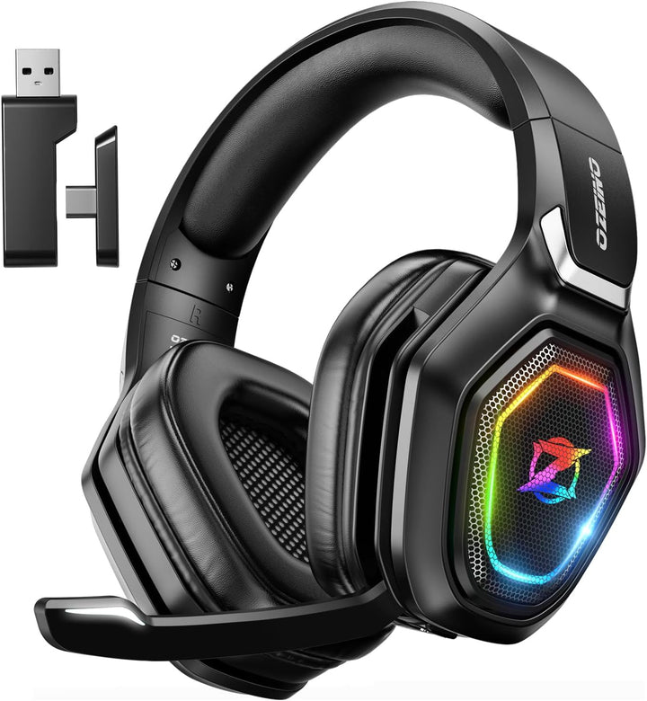Ozeino Kabelloses Gaming-Headset mit Mikrofon, 2,4 G & Typ-C-Sender – 30 Stunden Akkulaufzeit – RGB-