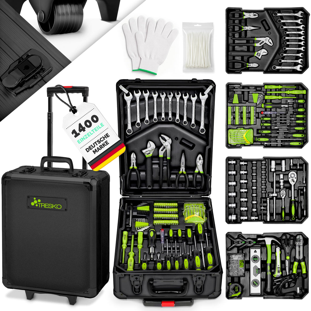 TRESKO Werkzeugkoffer 1400 teilig | Werkzeugkasten gefüllt | Werkzeugkiste Profi | Werkzeugtasche |