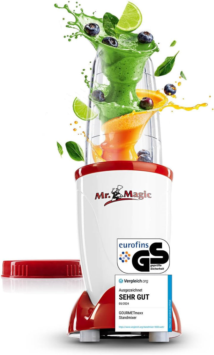 GOURMETmaxx Mr. Magic Smoothie Maker inkl. Frischhaltedeckel | Standmixer mit 8 Funktionen, inkl. To