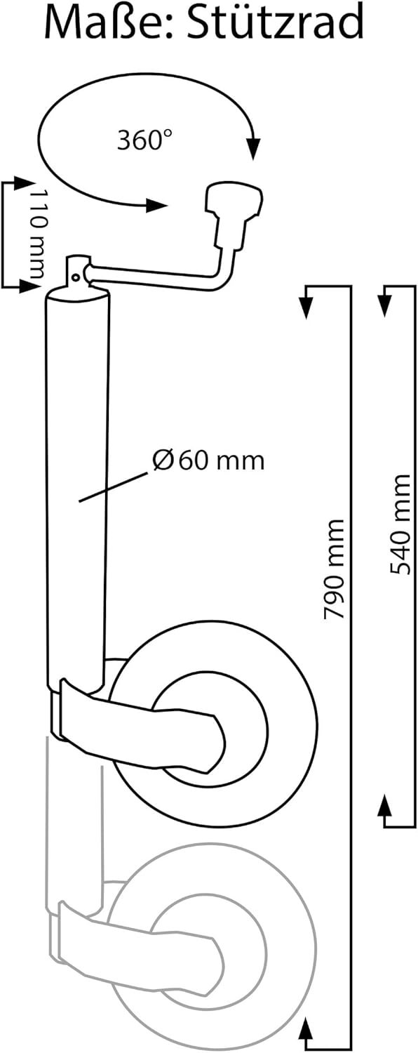 otgerlensker products PKW Anhänger Stützrad 60 mm Stahlrohr 400 kg - Wohnwagen, Trailer, Bugrad, Sta