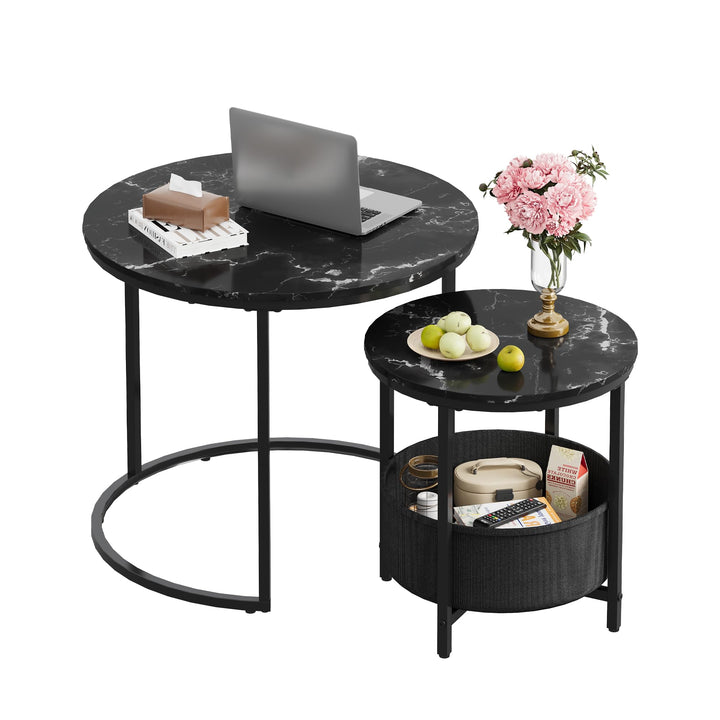 WLIVE Couchtisch Rund mit Stauraum, Beistelltisch Set Schwarz mit Metallrahmen, Wohnzimmertisch klei