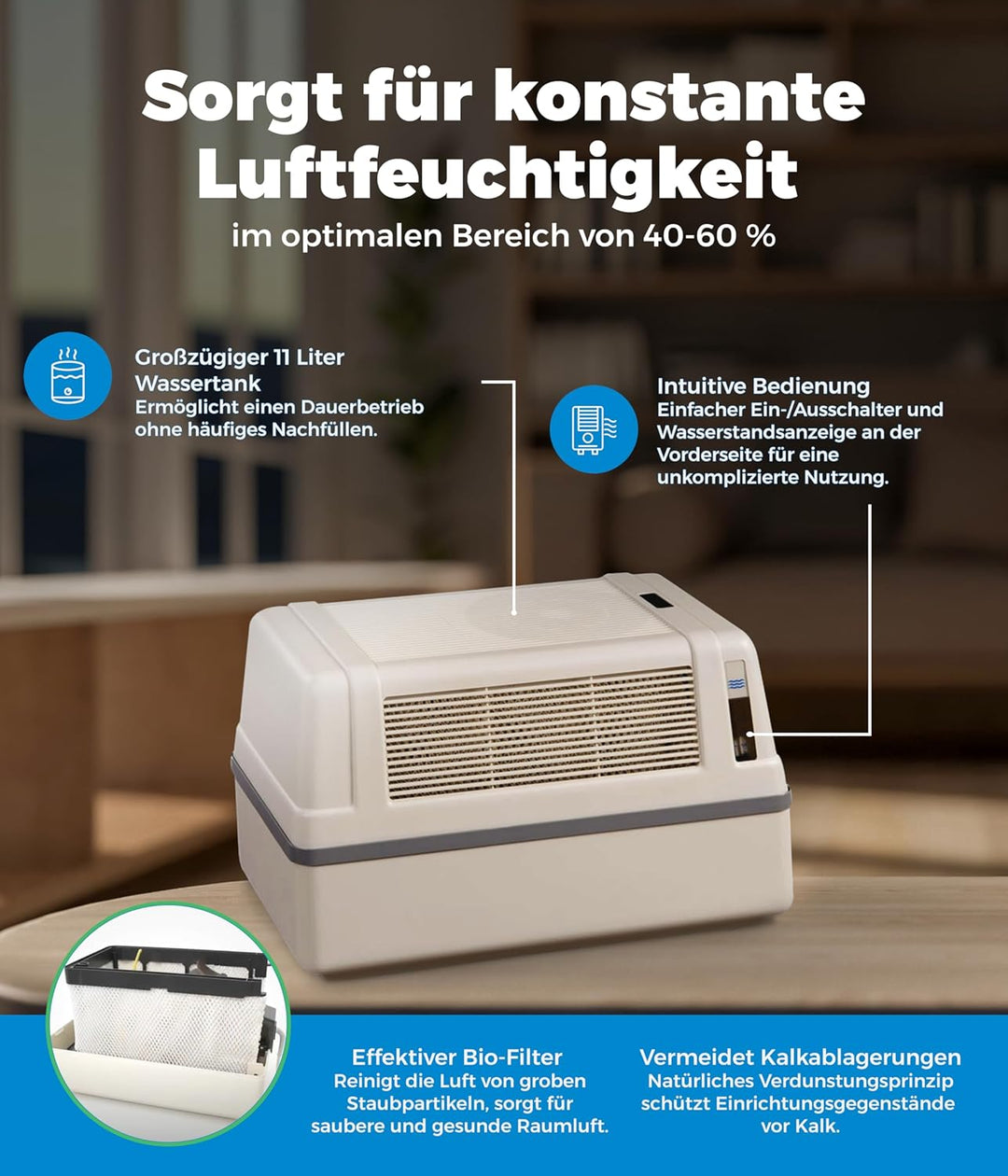 BRUNE Lufbefeuchter B 120 - Für Räume bis 130 m³ - Verdunstung mit Filter für gesundes Raumklima - 1