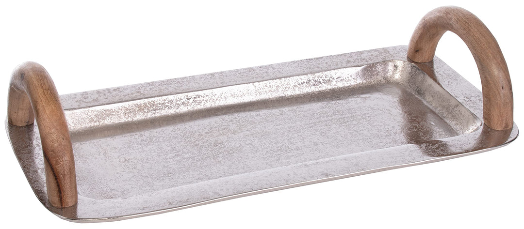 Brandsseller Serviertablett mit Holzgriffen ca. 40 x 20 cm Servierplatte Rechteckig Aluminium-Holz D