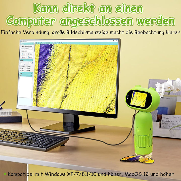 Mucek Handy Mikroskop für Kinder, 1000X Mikroskop Kinder, 2,0" IPS-Bildschirm Taschenmikroskop, 2MP