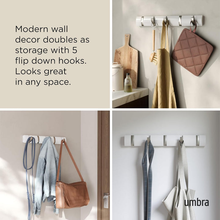 Umbra Flip 5 Garderobenhaken – Moderne, Schlichte und Platzsparende Garderobenleiste mit 5 Beweglich