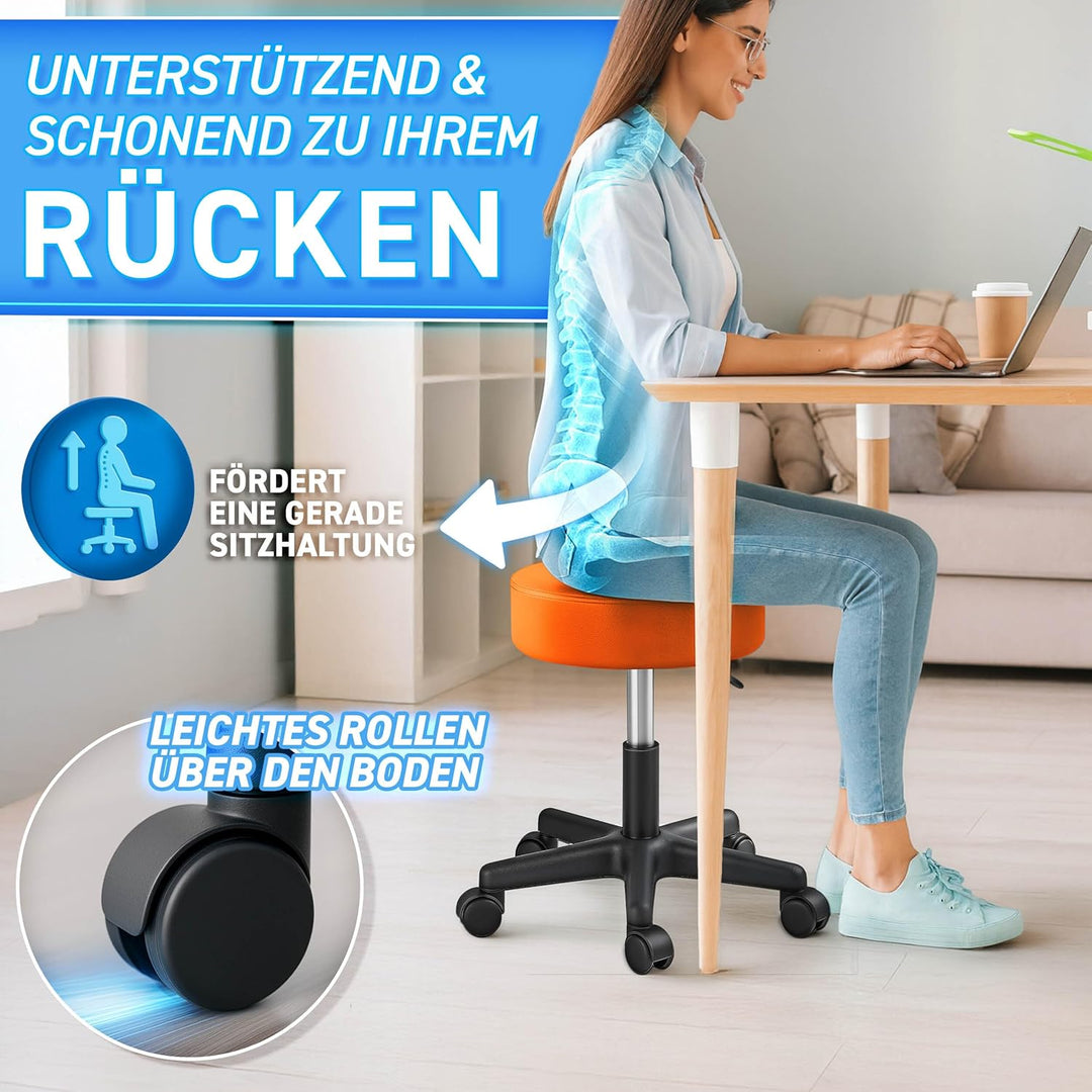 TRESKO® Rollhocker mit Lehne höhenverstellbar 10cm Dicke Polsterung Drehbar | Hocker 46-58cm | Arbei
