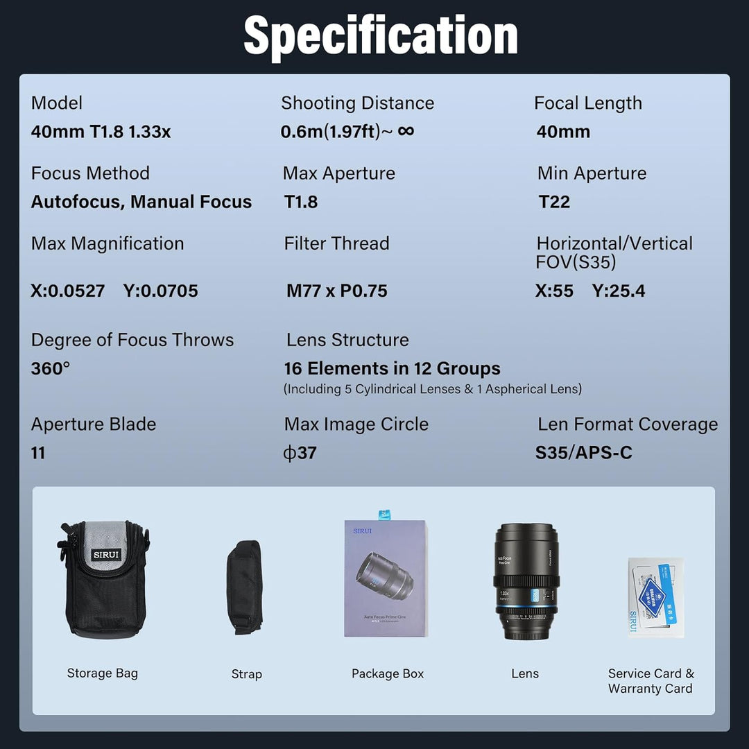SIRUI 40mm T1.8 1.33x Anamorphisches Objektiv, S35 Autofokus-Objektiv für MFT-Mount (M4/3) Kameras,