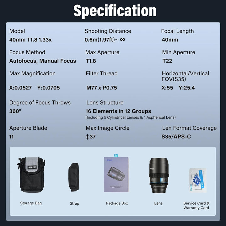 SIRUI 40mm T1.8 1.33x Anamorphisches Objektiv, S35 Autofokus-Objektiv für MFT-Mount (M4/3) Kameras,