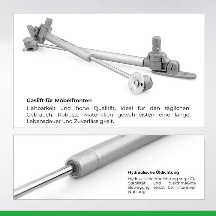 ATM Gasdruckfeder 100N mit Soft-Close Bremse für Möbelklappen – Gasdruckdämpfer 4er Set, Klappenbesc