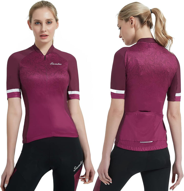 Santic Damen Radler-Trikot Kurzarm Atmungsaktives Fahrrad-Oberteil mit Reflektorstreifen Schnelltroc