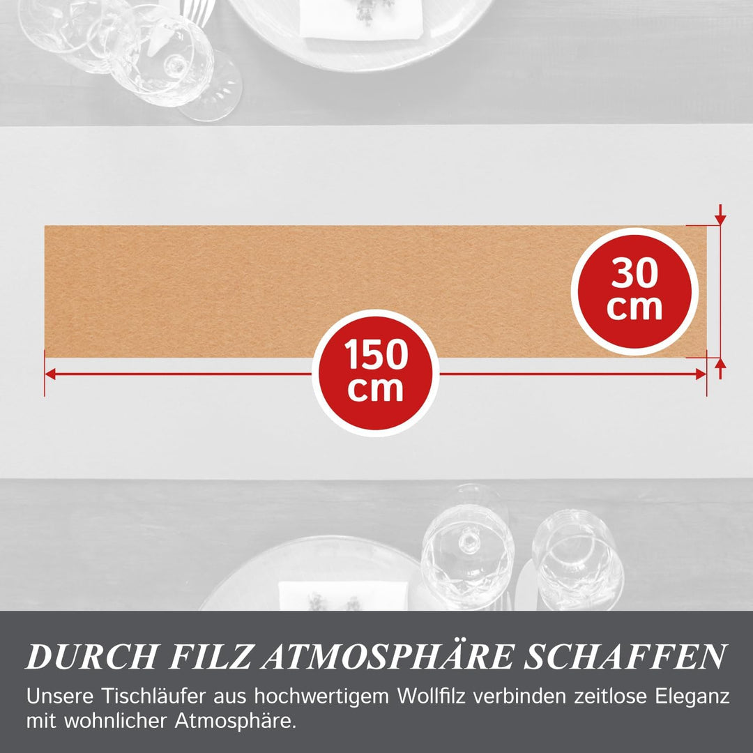 Moderner Tischläufer aus Filz für den Herbst, beige (aus 100% Schafwolle), 150 x 30 cm, 5mm dick, mo