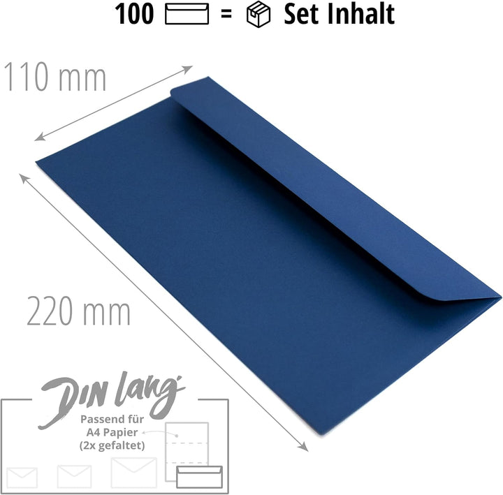 Briefumschläge (100 Stück) aus Papier, Kuvert, Umschlag ohne Fenster - DIN lang - 220 x 110 mm - bla