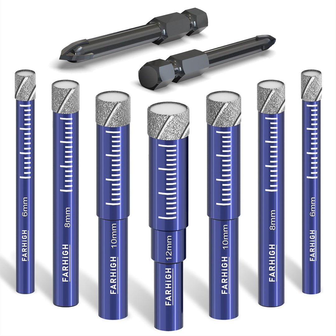 Diamantbohrer Fliesenbohrer Glasbohrer Set 6, 8, 10, 12mm & 6mm Hartmetallbohrer für Keramik,Porzell