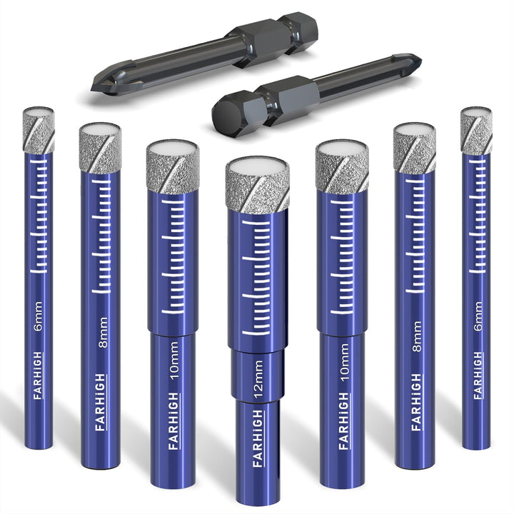 Diamantbohrer Fliesenbohrer Glasbohrer Set 6, 8, 10, 12mm & 6mm Hartmetallbohrer für Keramik,Porzell