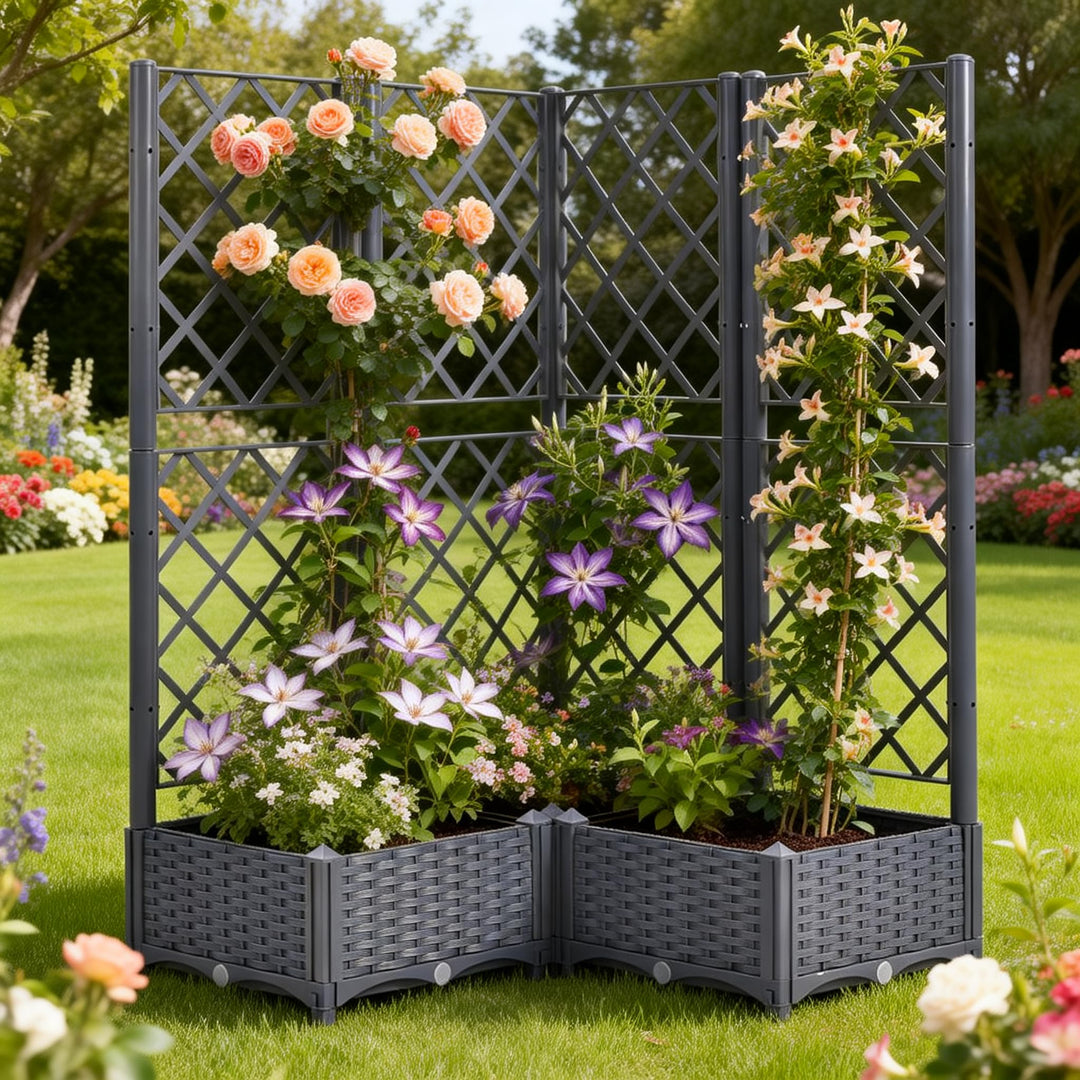 Mingone Rankgitter Hochbeet Pflanzgefäss Blumenkasten mit 3 Pflanzgefäss Wasserspeicher Balkonkasten