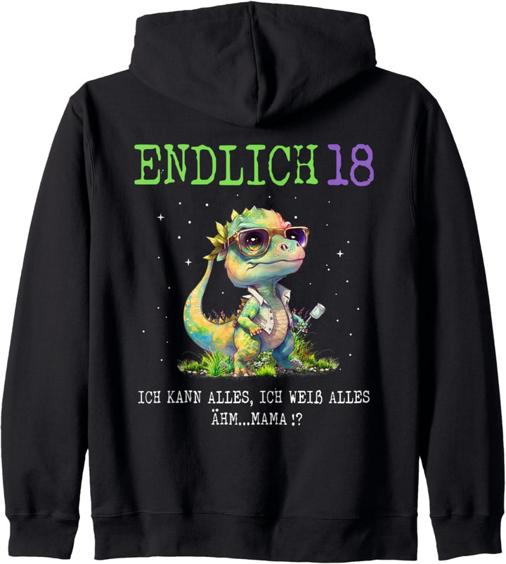 18. Geburtstag, Dino mit Sonnenbrille, Rückenaufdruck Kapuzenjacke