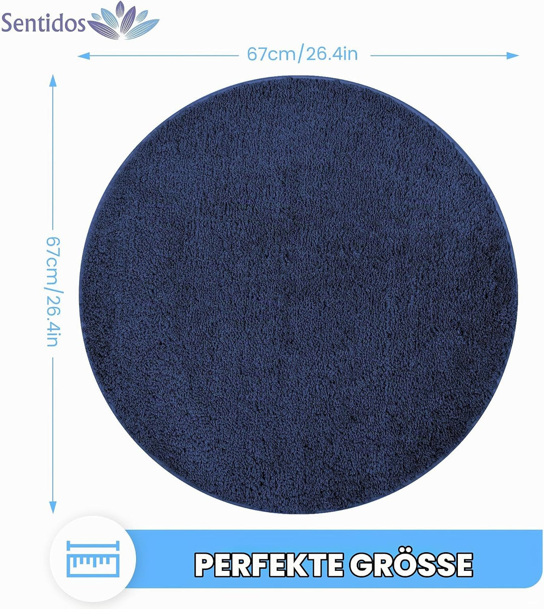 Sentidos Badteppich 67 cm Rund Blau, Hochflor Badvorleger rutschfest &amp; wasserabsorbierend, maschinen