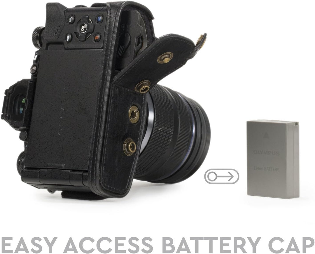 MegaGear Olympus OM-D E-M5 Mark II 12-40mm Ever Ready Leder Kamera-Case mit Trageriemen und Batterie