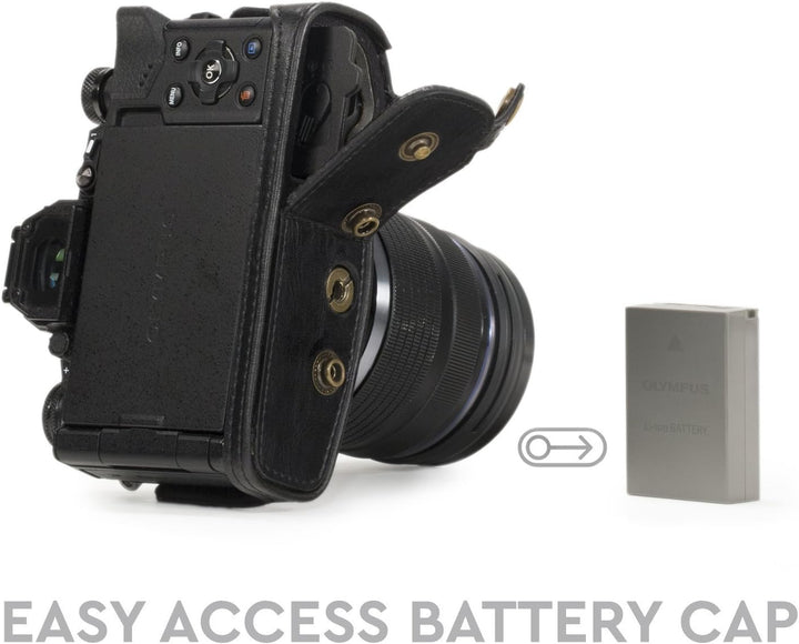 MegaGear Olympus OM-D E-M5 Mark II 12-40mm Ever Ready Leder Kamera-Case mit Trageriemen und Batterie