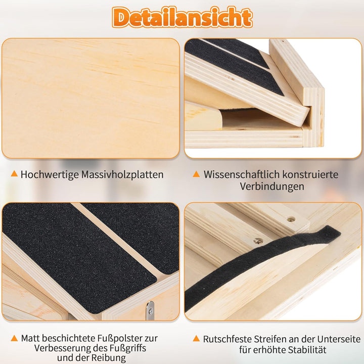 2-in-1 Schrägbrett aus Holz, Verstellbarer Wadenstrecker mit Tragegriff, Mobility Balance Board Slan