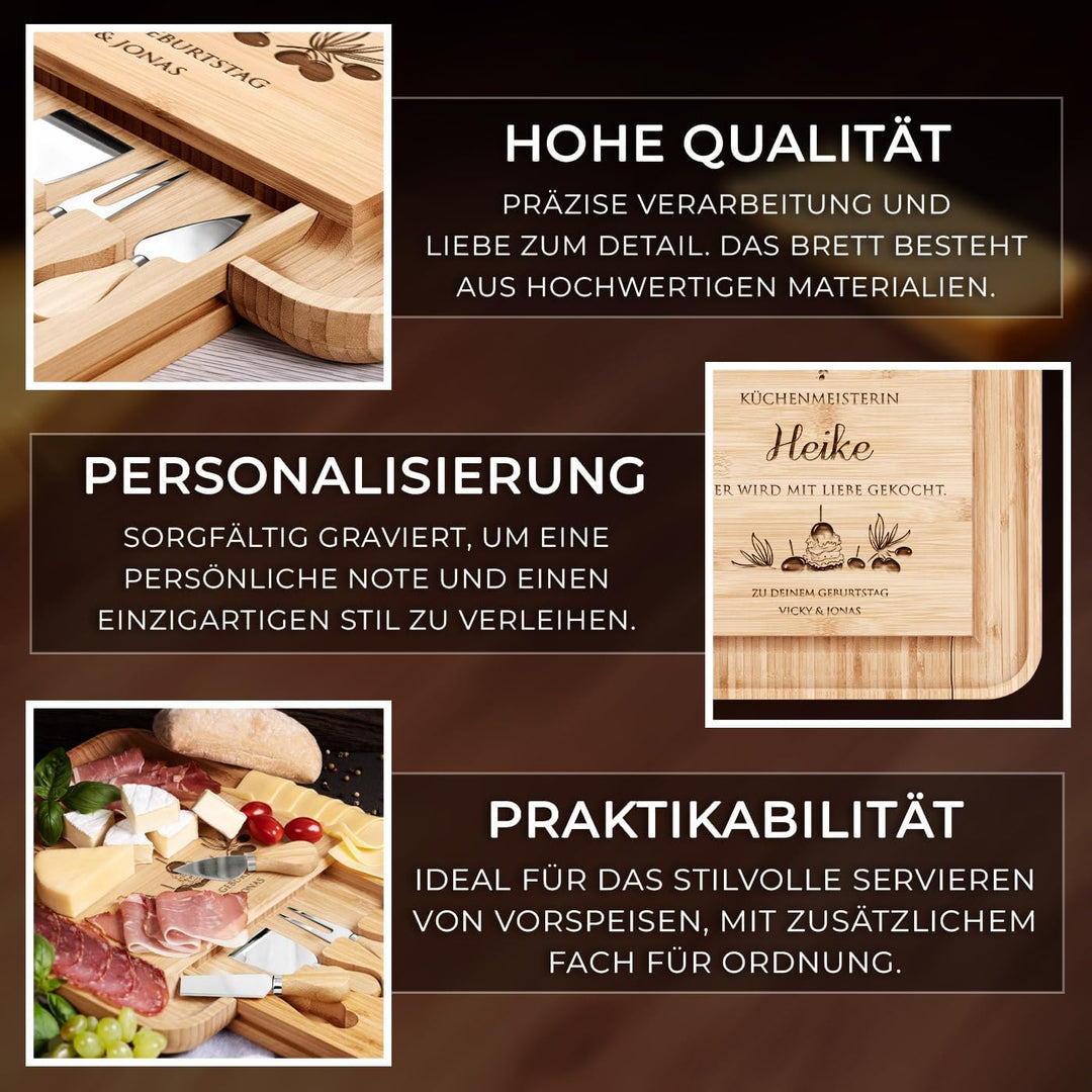 Maverton Käsebrett Servierplatte mit Gravur + 4er Käsemesser Set - aus Holz - 34x34cm - Geschenke fü
