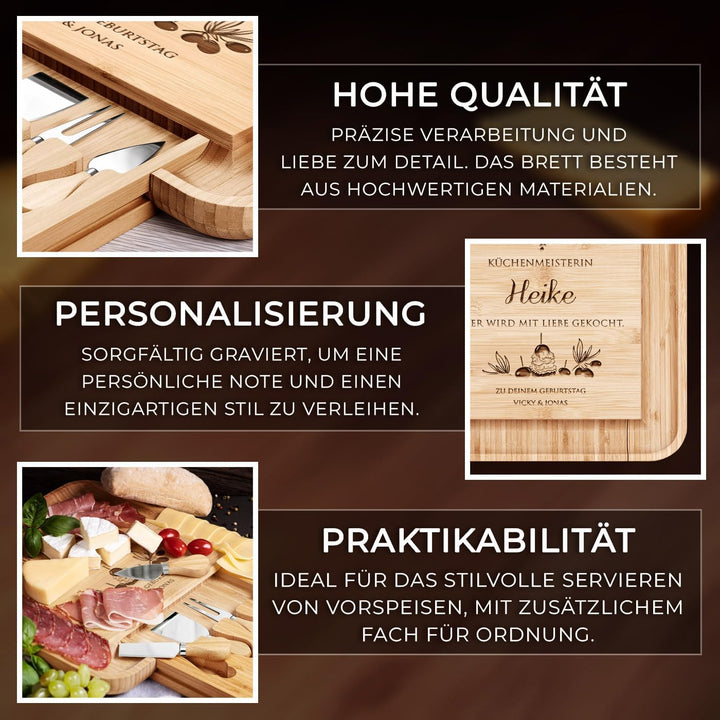Maverton Käsebrett Servierplatte mit Gravur + 4er Käsemesser Set - aus Holz - 34x34cm - Geschenke fü