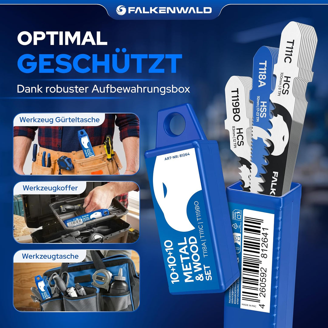 FALKENWALD® Stichsägeblätter Set 30tlg 20x Holz + 10x Metall - T-Schaft HCS & HSS - Für Weichholz, H