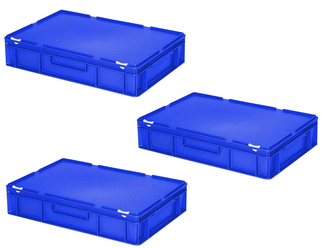 BRB 3x Eurobehälter mit Deckel, PE-HD, LxBxH 600x400x130 mm, 23 Liter (blau), Blau