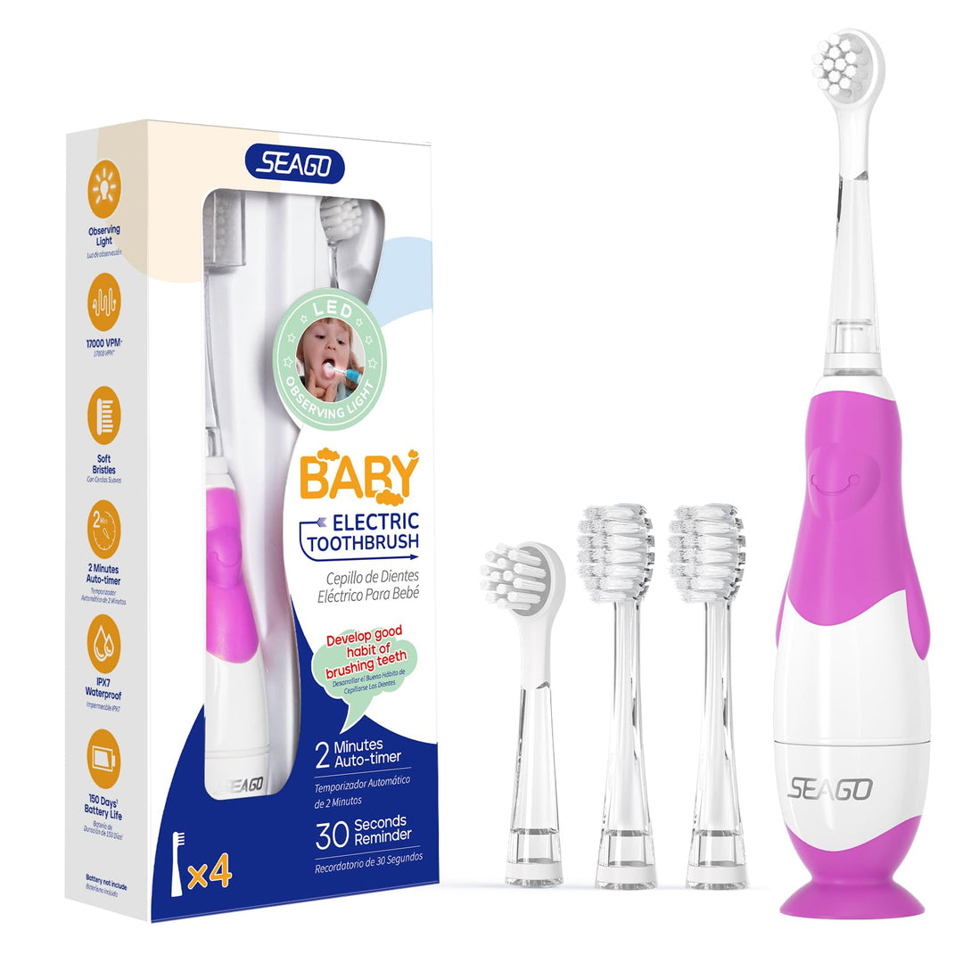 Seago Elektrische Zahnbürste Kinder ab 0-3 Jahr mit LED Licht, Weichen BPA-freiem Runder Gummierte B