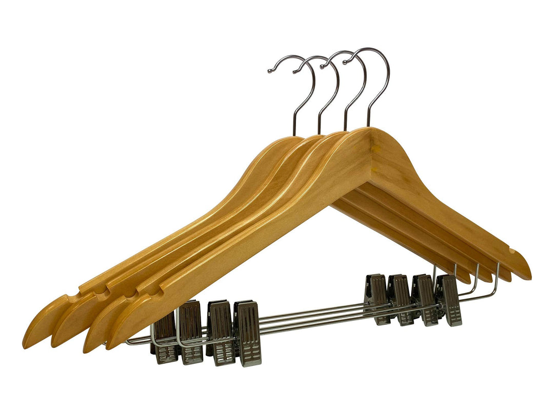 Kleiderbügel 10 Stück Natur Holz mit Klammer Holzkleiderbügel 44,5 cm | Rockbügel | Hosenbügel | Kla