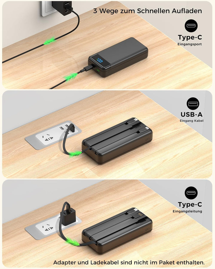 Power Bank 27000mAh, Powerbank PD 20W Schnellladen mit Integriertem USB-C Kabel, 4 Ausgänge & 3 Eing